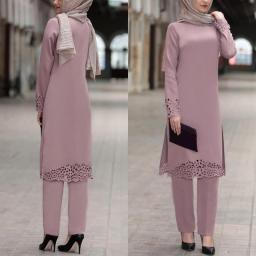 Ramadan Eid Muslim Dress Women 2pecs Set Top And Pants Dubai Abaya Lace Up Ropa Kaftan Turkey African Islamic Clothing Dress Set