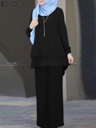 ZANZEA Elegant Causal Suit Solid Muslim Sets Vintage Abayas For Women Tracksuit Long Sleeve Double Layer Blouse Wide Leg Pant