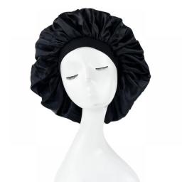 Large Print Satin Silky Bonnet Sleep Cap Width Elastic Band For Women Solid Color Head Wrap Lady Hair Accessories Wholesale