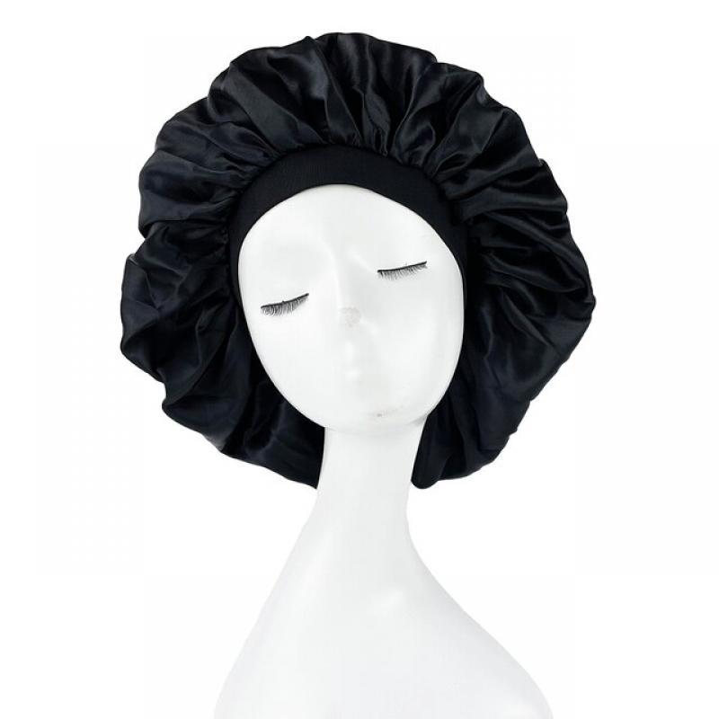 Large Print Satin Silky Bonnet Sleep Cap Width Elastic Band for Women Solid Color Head Wrap Lady Hair Accessories Wholesale