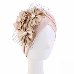 Big Flower Muslim Women Indain Hat Scarf Caps Chemo Turban Islamic Head Cover Party Evening Bonnet Pleated Vintage Elegant Hat