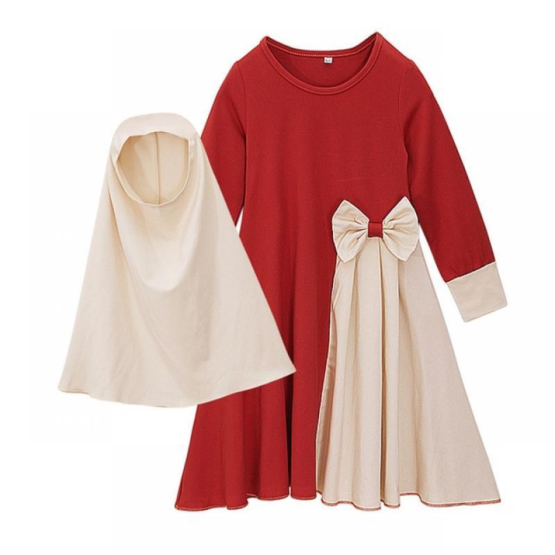 Muslim Kids Girls Prayer Dress Hijab Abaya Robe Arab Dubai Children Ramadan Kaftan Headscarf Bow Islamic Eid Party Gown Jilbab