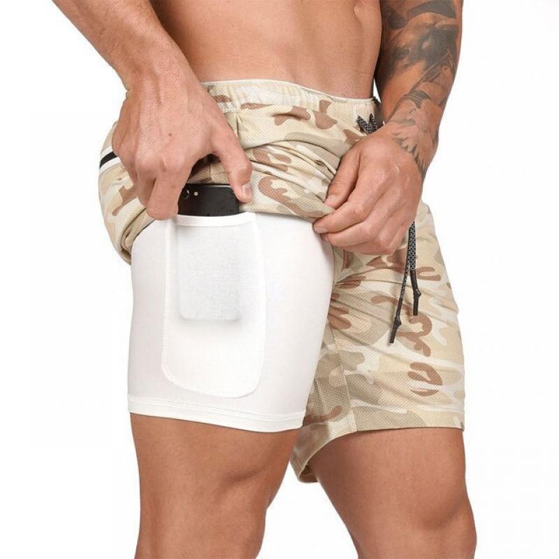 Summer new fitness men's short double-layer 2 in 1 running exercise pants inner tight and outer loose fitness pants