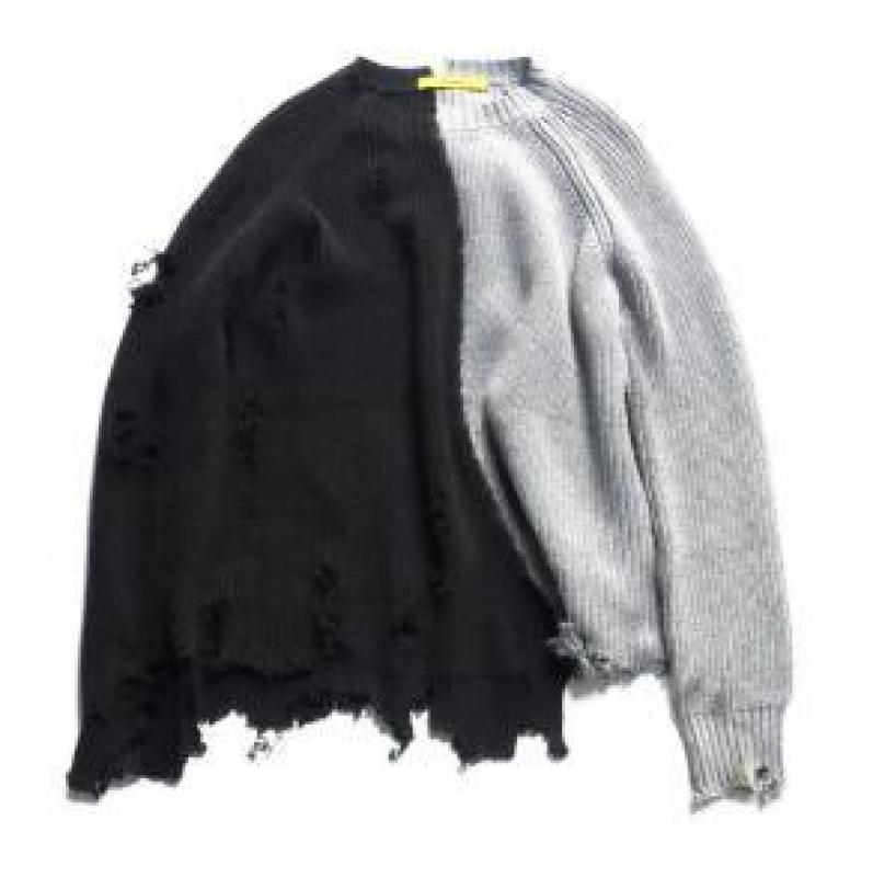 Autumn winter men ripped hole patchwork oversized knitted sweater irregular design hip hop punk knitwear women vintage pullover