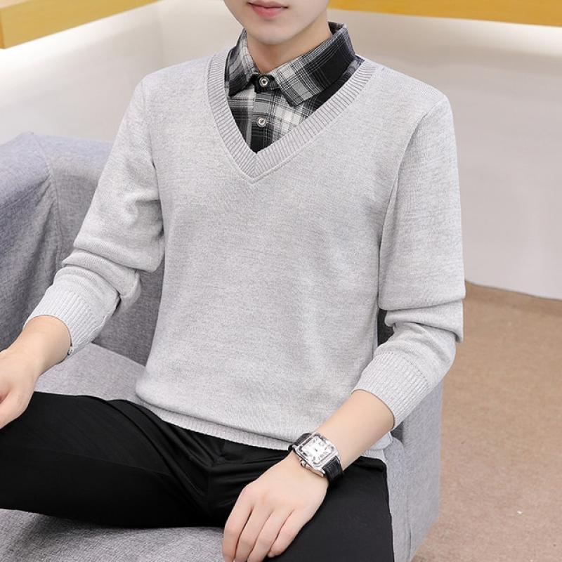 New Fashion Men's Fake Two Piece Shirt Collar Solid Color Knit Sweater Casual Slim Fit Comfortable Top (11 colors optional)