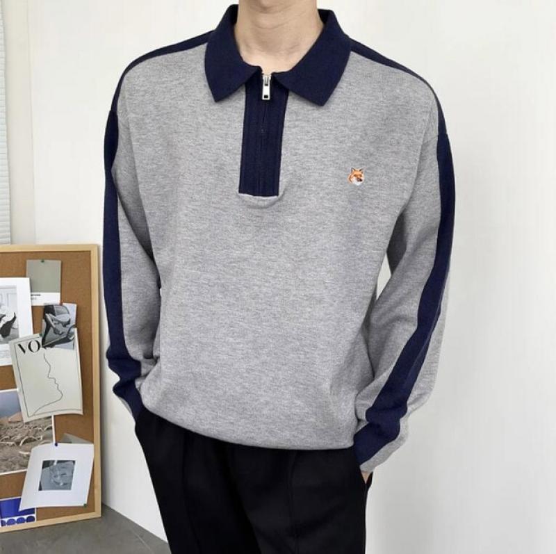 Men Knitwear Sweatshirt Pullovers Brand Double Fox Embroidered Tops Quality Men Lapel Stripe Casual Fashion Long Sleeve Shirt