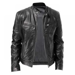 Covrlge Spring Men's Stand-up Collar Slim Leather Jacket Zipper Pocket Decorative PU Coat Biker Men Clothes Casual Male MWP085