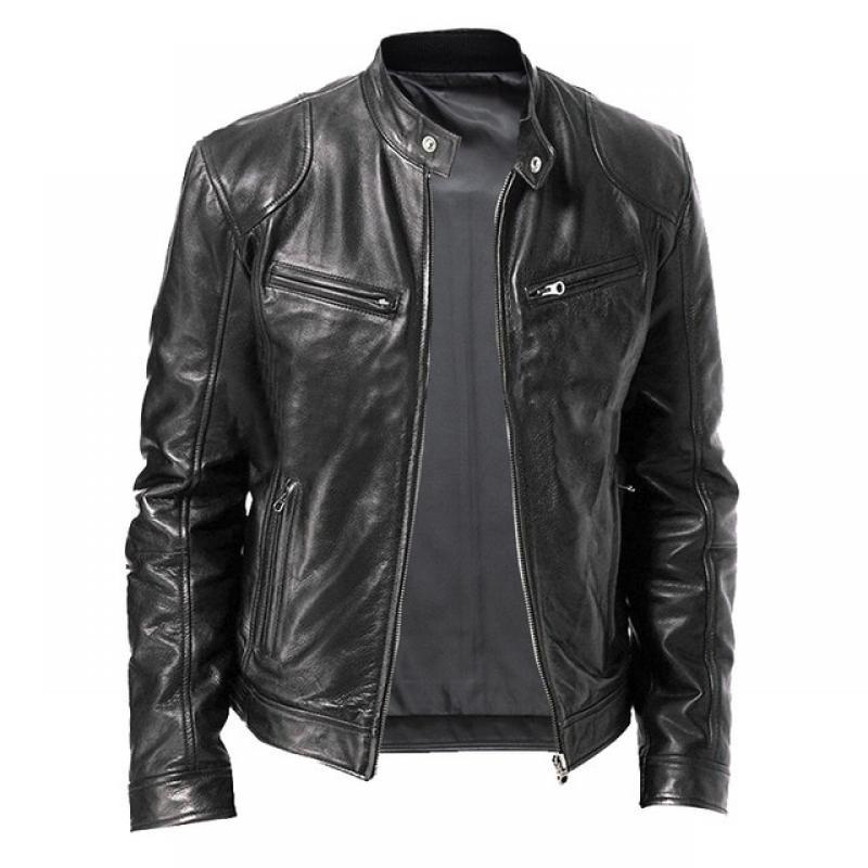 Covrlge Spring Men's Stand-up Collar Slim Leather Jacket Zipper Pocket Decorative PU Coat Biker Men Clothes Casual Male MWP085