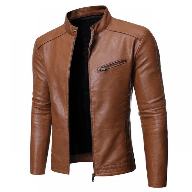 2022 Men Autumn Winter PU Jacket Leather Jacket Slim Fit Stand Collar Male Anti-wind Motorcycle Lapel Diagonal Zipper Jacket Men