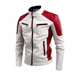 2023 Men's Autumn Casual Motorcycle Color Matching Leather Jacket Stand Collar Retro Warm PU Leather Jacket