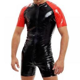 Men Wetlook Short Sleeve Leotard Bodysuits Zipper Jumpsuit Lingerie PVC Bright Leather Sexy Slim Leather Suits No Peculiar Smell