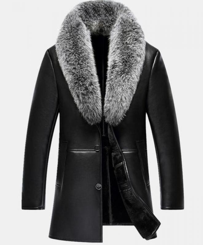 Autumn Winter New Real Fox fur collar V-Neck Men Long Style Sheep leather Male Fur Solid Color Outerwear Coat Thick Warm Parkas