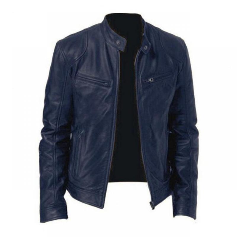 Faux Leather  Stylish Pure Color Zipper Jacket Spring Autumn Men Coat Smooth Surface   for Office