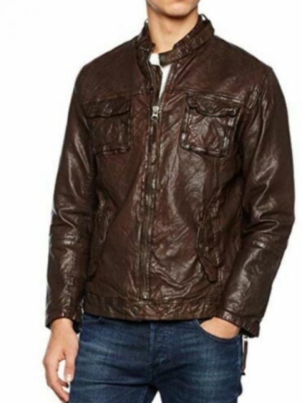 Mens vintage wrinkled waxed Distressed Dark Brown Real Leather Jacket Coat Shirt