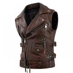 Vintage Brown Motorcycle Vests Men Natural Cowhide Genuine Leather Jacket Sleeveless Men's Riding Vest Motor Biker Jackets