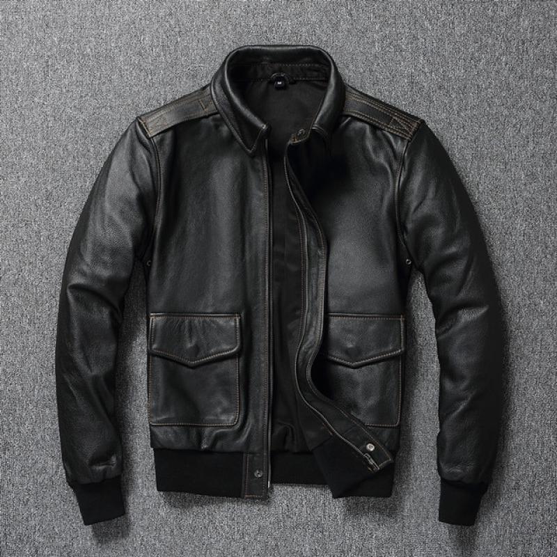 Free shipping.Classic Air force A2 style men genuine leather jacket.father's cowhide coat.black plus size  casual leather cloth.