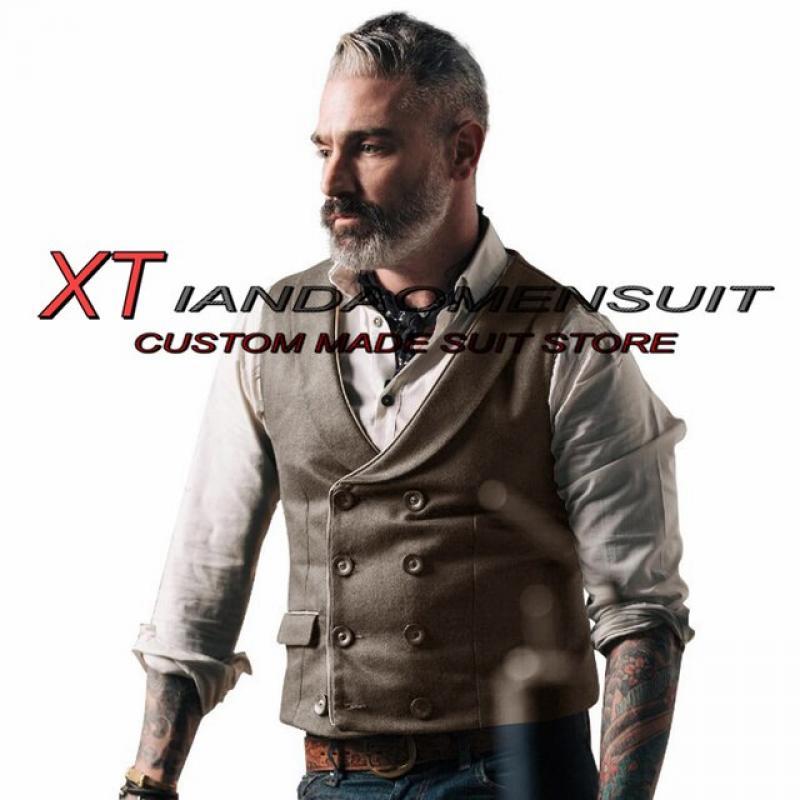 Men's Suit Vest Retro Slim Fit Sleeveless Jacket Lapel Double Breasted Herringbone Waistcoat Male Steampunk