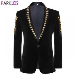 Luxury Gold Baroque Floral Embroidery Velvet Blazer Jacket Men Shawl Collar One Button Dress Blazers Wedding Dinner Party Tuxedo
