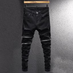 Streetwear Fashion Men Jeans Black Elastic Slim Fit Destroyed Ripped Jeans Men Zipper Designer Hip Hop Stretch Denim Punk Pants