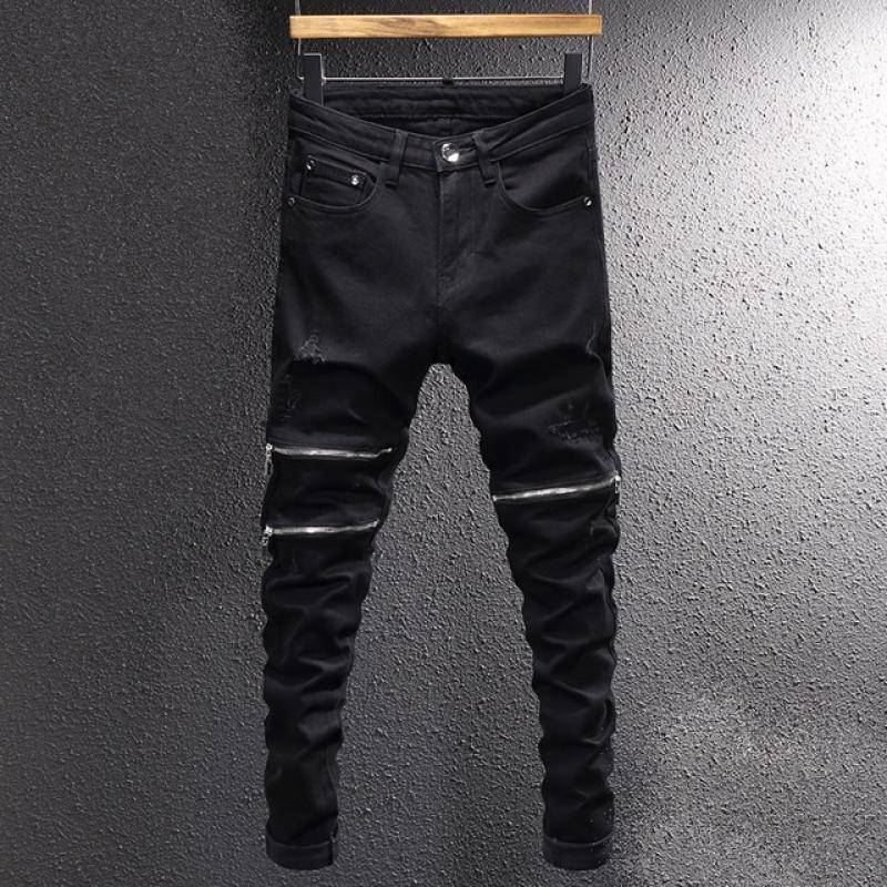 Streetwear Fashion Men Jeans Black Elastic Slim Fit Destroyed Ripped Jeans Men Zipper Designer Hip Hop Stretch Denim Punk Pants