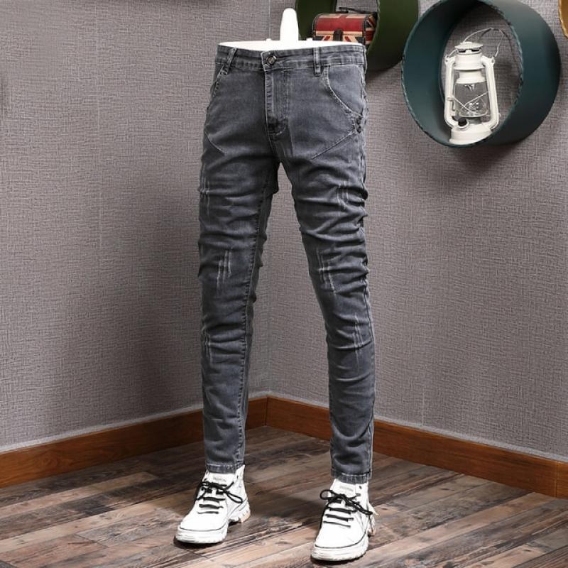 Fashion Designer Men Jeans Retro Gray Stretch Slim Ripped Jeans Men Elastic Trousers Vintage Casual Denim Pencil Pants Hombre