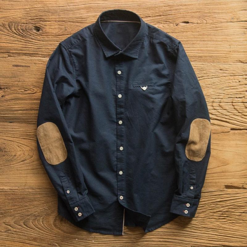 Men Oxford Retro Shirt Japanese Business Casual Trendy Fashion All-match Loose Tops Male Brand Long-sleeved Patch Shirts Clothes