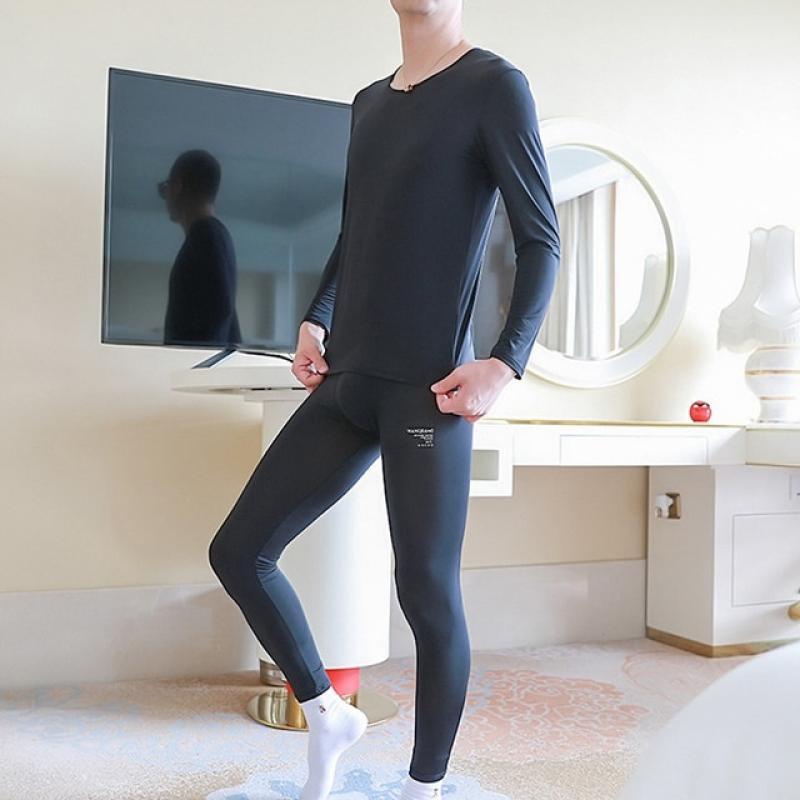 Men Thermal Underwear Set Ice Silk Seamless Soft Long Johns Pants Warm Top Bottom High-elasticity Base Layer Shirts Bottom Suits