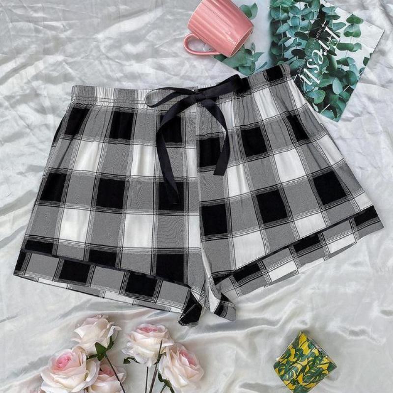 Plus Size Women's Plaid Drawstring Shorts Sleep Bottoms for Spring and Summer Home Wear
