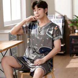 New Summer Men's Pajamas Silk Satin Pullover Shorts Two Piece Set Sleepwear Male Pajama Home Clothes Nightwear Men Sleep Lounge