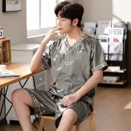 Ice Silk Pajamas Set V-neck Pullover Summer Short-sleeved Thin Silk Pajamas For Men Casual Large Size Homewear Suit Sleepwear