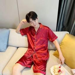 Men Pajama Sets Silk Satin Pijama Turn-down Collar Sleepwear  Long Sleeve Spring Nightwear Male 2 Pieces Sets Homewear CM11