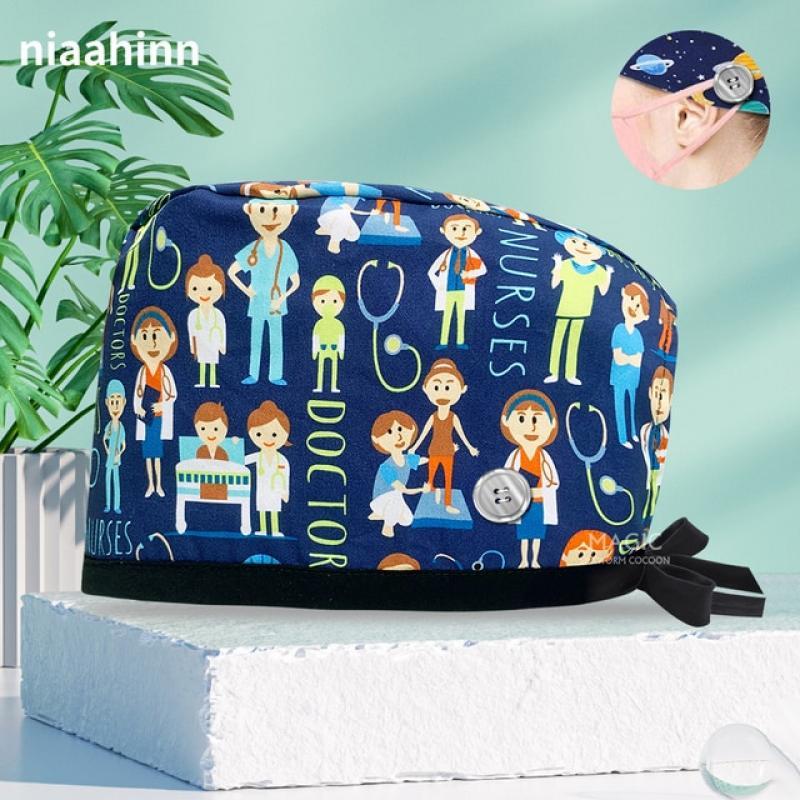 Medical Printing Pure Cotton Adjustable Nurse Caps Surgical Cap Women Pet Veterinary Scrub Hat Dentist Working Hat Surgery Caps