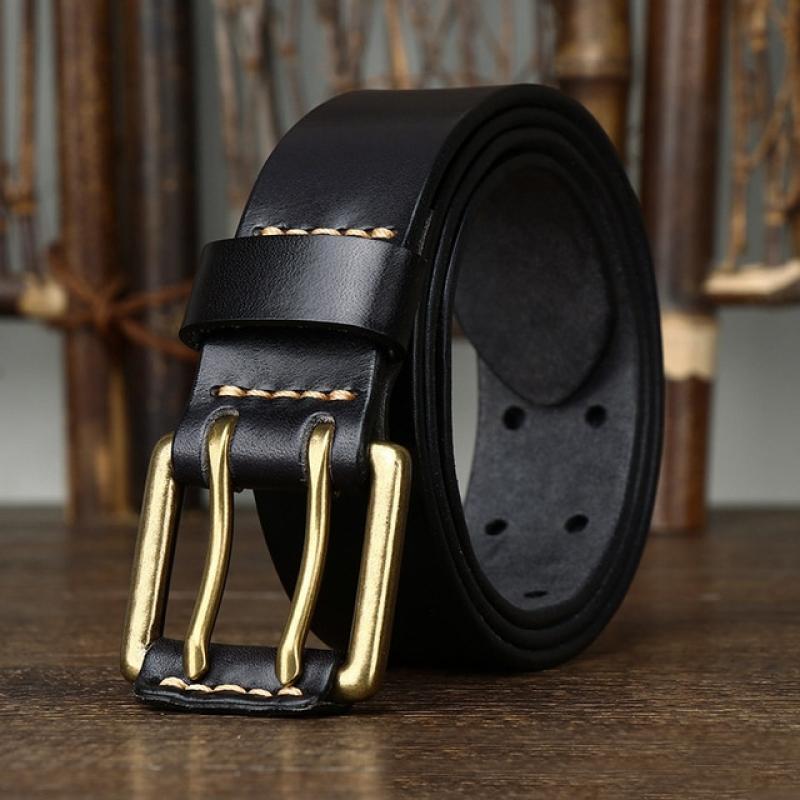 3.8cm Wide Vintage Men's Belt Cowhide Genuine Leather Belt Copper Double Needle Buckle Handmade Jeans Belt Fashion Male Strap