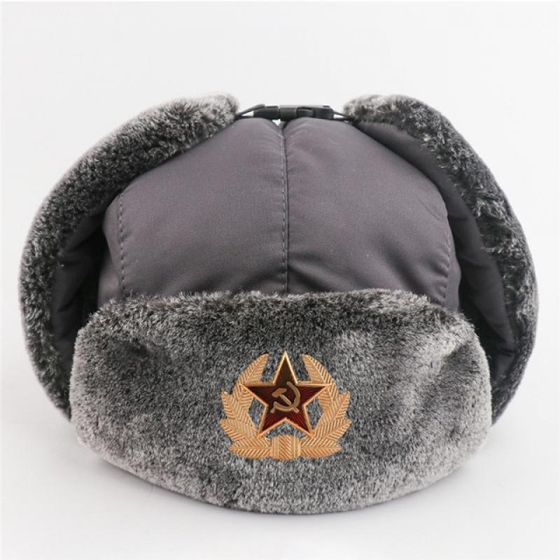 Warm Soviet Badge Lei Feng Hats Men's Russian Army Ushanka Bomber Hat Outdoor Plus Velvet Thicken Caps Faux Rabbit Fur Earflap
