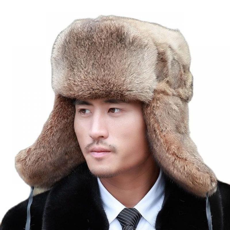 Thick Warm Bomber Hat Men Real Rabbit Fur Earflap Trapper Russian Cap Male Plus Size Winter Hats for Men Ski Russian Hat