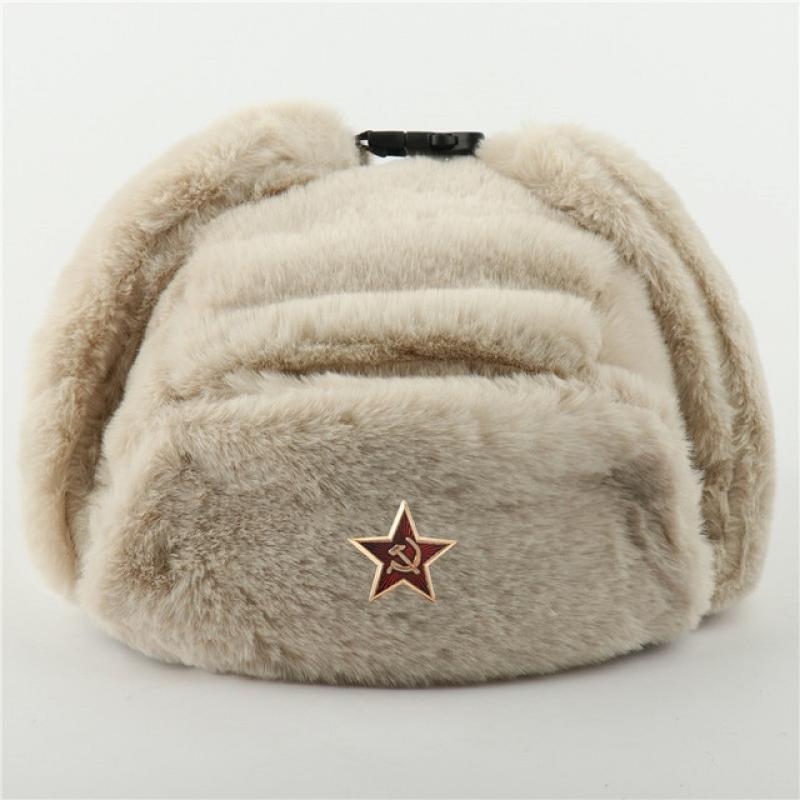 Men's Winter Soviet Badge Lei Feng Hats Russian Ushanka Bomber Hat Outdoor Warm Plus Velvet Thicken Faux Rabbit Fur Snow Caps