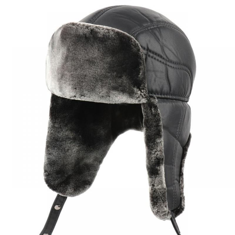 CAMOLAND High Quality PU Leather Bomber Hats Men Thermal Faux Fur Earflap Caps Russian Ushanka Trapper Hat Male Warm Snow Caps