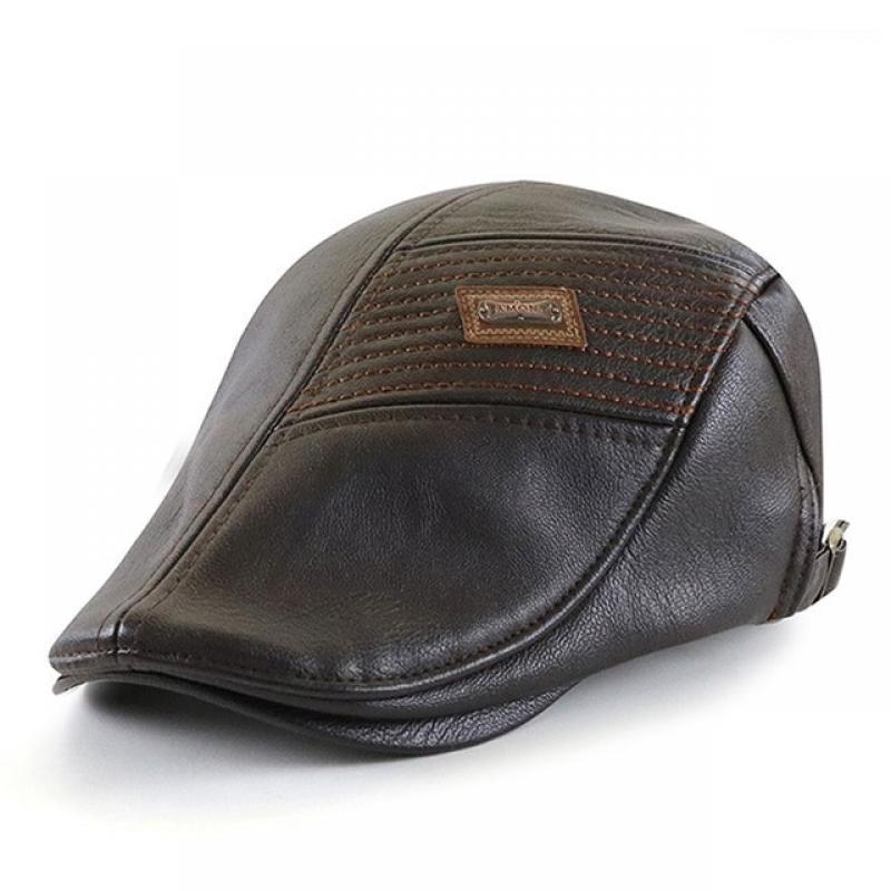 PU Leather Beret Hat Men Autumn Winter Faux Leather Duckbill Newsboy Cap Herringbone Middle-aged Men's Flat Peaked Cap For Dad