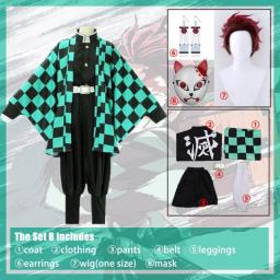 Demon Slayer Kamado Tanjirou Cosplay Costume Katana Sword Props Mask Anime Clothes  Eardrop Uniform Set