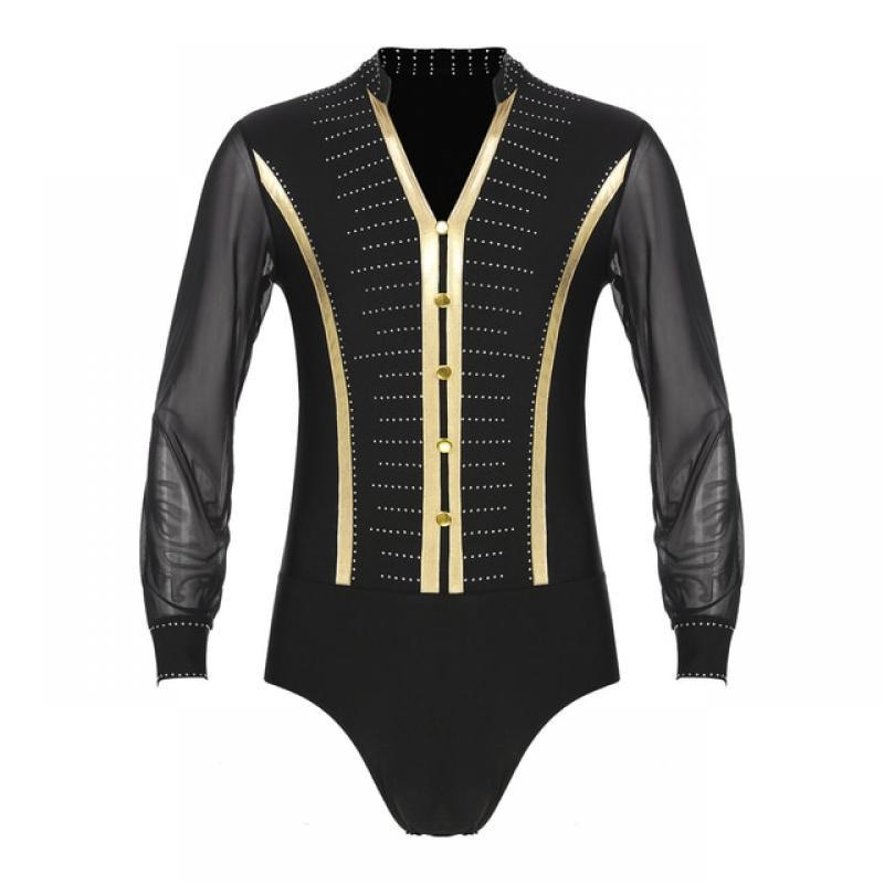 Mens Mesh Long Sleeve Leotard Ballroom Samba Latin Dance Costume Sparkling Rhinestones Bodysuit V Neck Sheer Dancewear