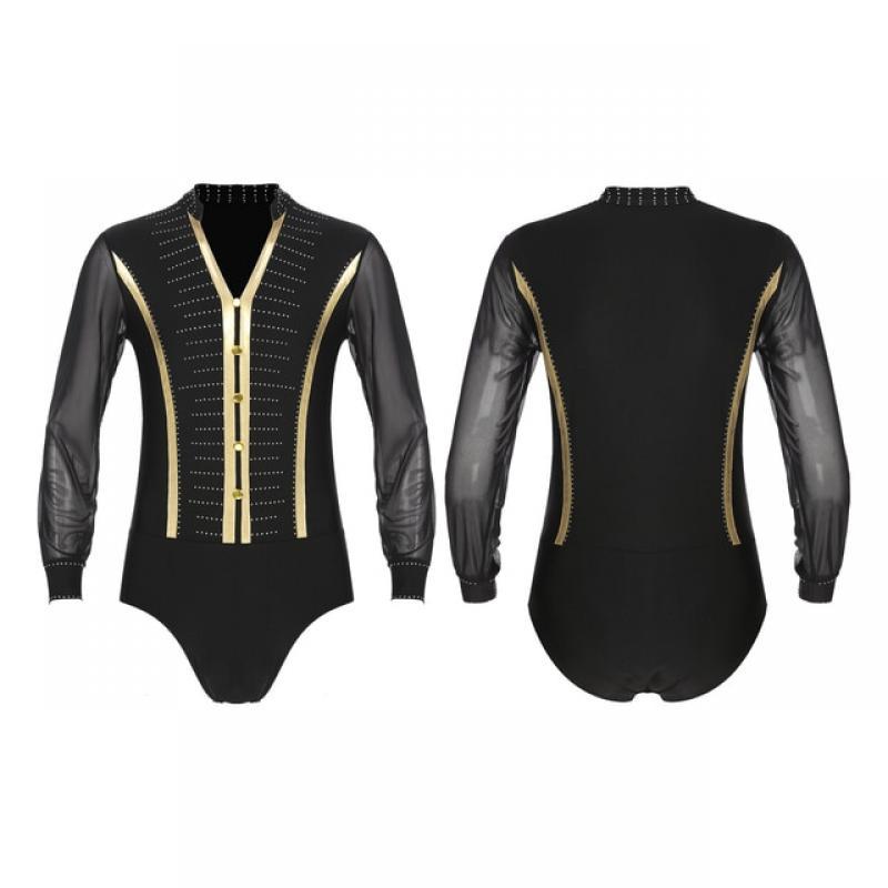 Mens Deep V Sheer Mesh Bodysuit Ballroom Latin Dance Performance Costume Shiny Rhinestone Sequin Tassel Leotard Dancewear