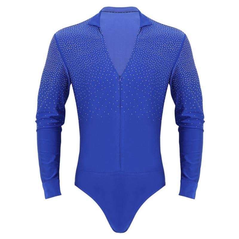 Mens Shiny Rhinestones Latin Tango Dance Shirt Leotard Ballroom  V-Neck Dancing Costume Dance Shirt Bodysuit