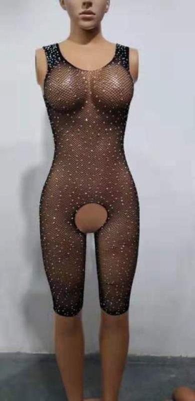 Sexy Fishnet Rhinestone Bodysuits Mesh Body Stockings Sexy Costume Erotic Outfits Bling Rhinestone Open Crotch Fishnet Pantyhose