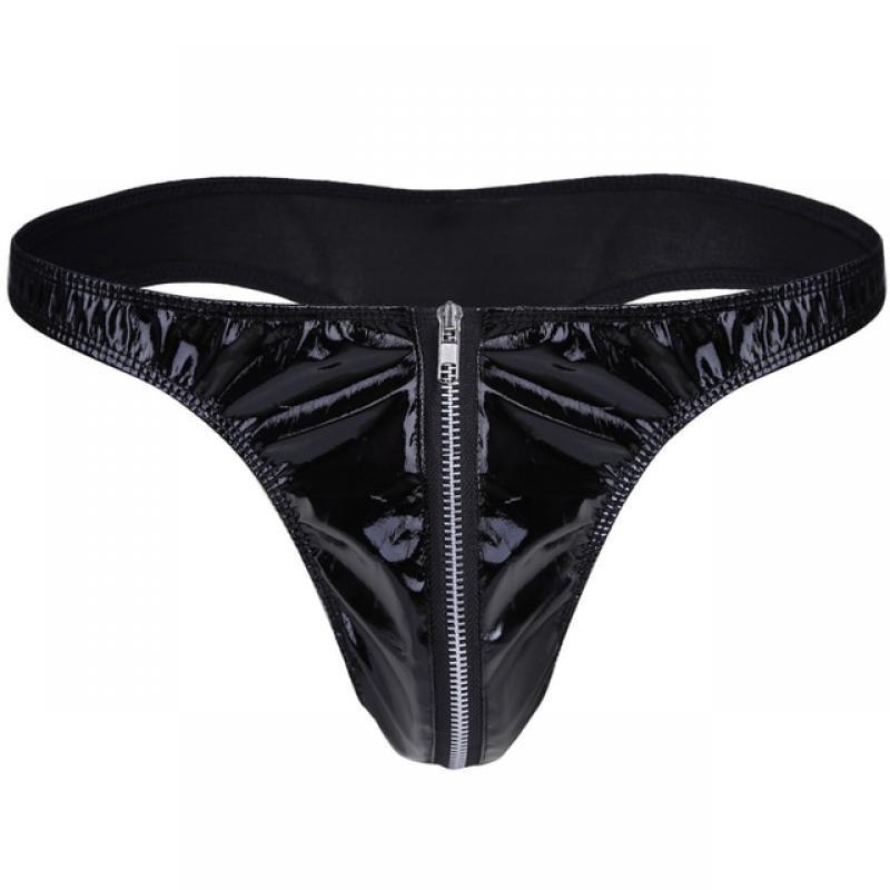 Fashion Shiny Leather Panties Men Thong Gay Underwear Open Crotch Low Waist Briefs Sissy Men G-string Zipper Panties Lingerie