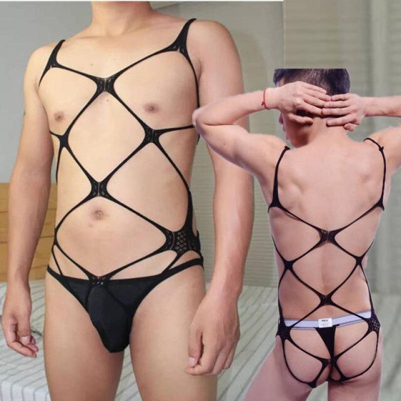 Gay Transparent Pantyhose Mesh Sexy Bodysuit Sissy Lingerie Man Fishnet Porno Grid Silk Lace Stockings Jumpsuit Teddie