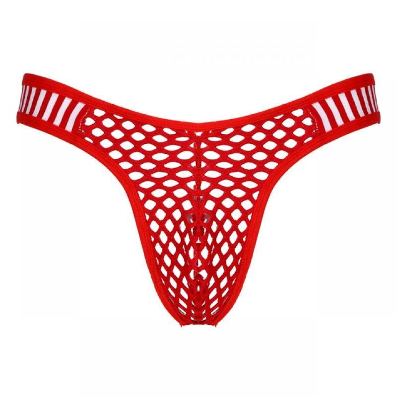 Men&#39;s Panties See-through Fishnet Briefs Low Waist Striped Elastic Waistband Thongs Hollow Out Bulge Pouch Underpants Underwear