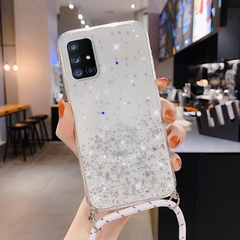 Neck Strap Clear Glitter Case For Samsung Galaxy A51 A71 S20 FE S23 S22 S21 Ultra S10 Plus A12 A13 A73 A32 A54 A53 5G A52 A72