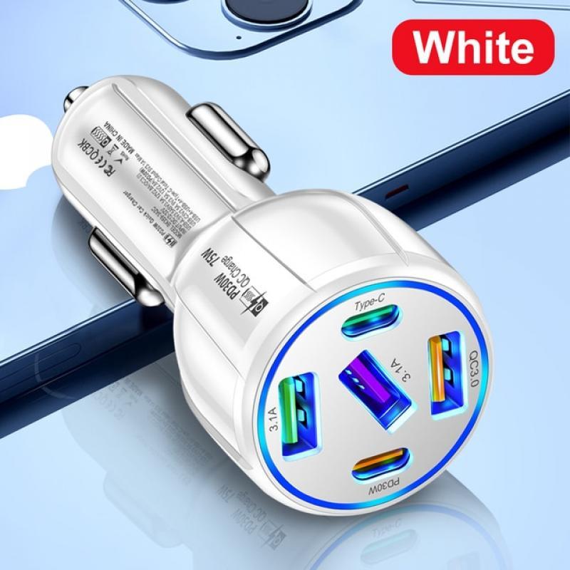 5 Ports 75W USB Car Charger Type C USBC Car Fast Charging QC3.0 PD Car Phone Chargers Adapter For iphone Xiaomi Huawei Samsung