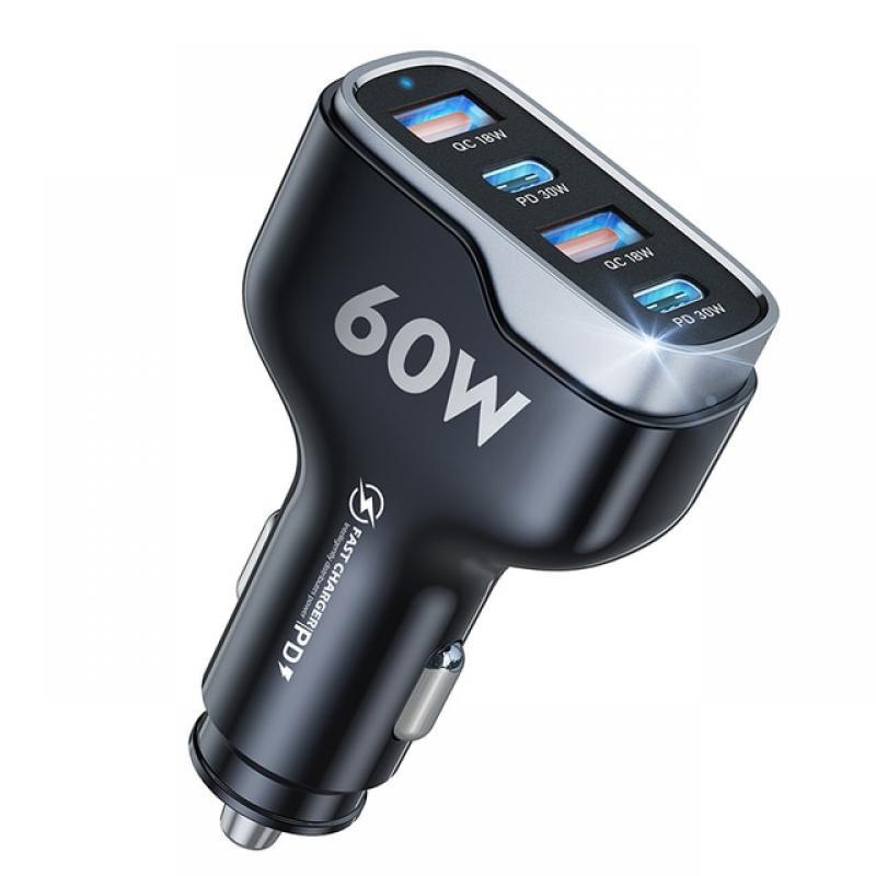 60W 4 Ports Car Charger Fast Charging PD3.0 QC4.0 Dual USB Type C Car Charger Lighter Adapter for Samsung Xiaomi Huawei