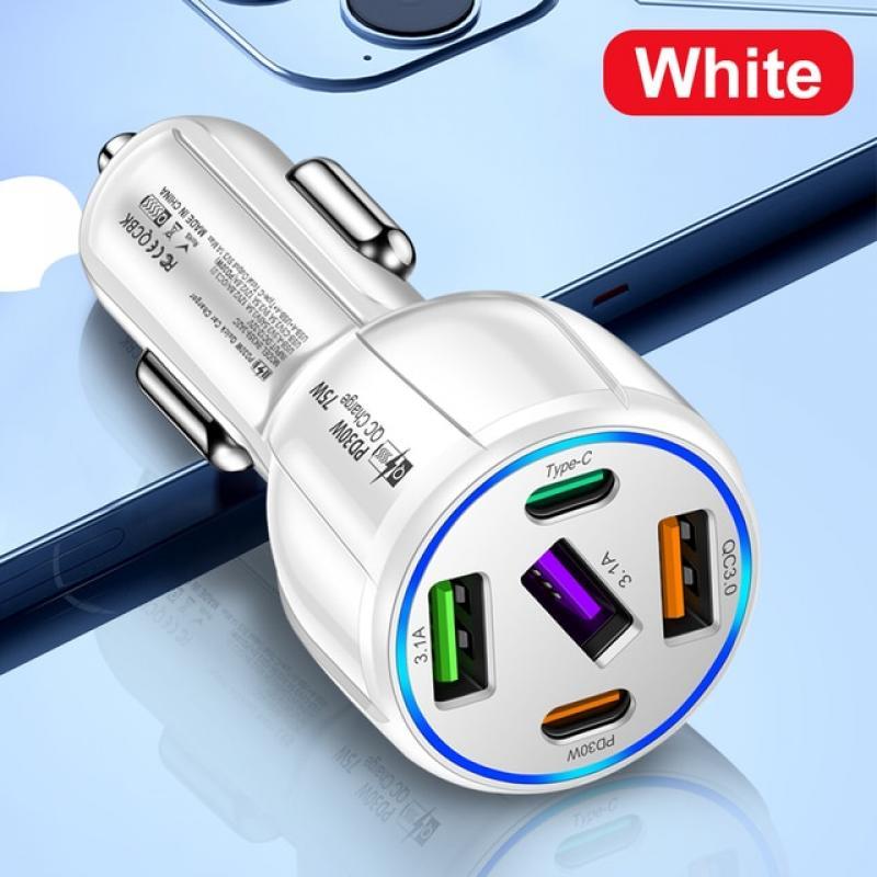 75W PD 5 Ports USB Car Charger Fast Charging For IPhone 13 12 IPad Xiaomi GPS Driving Recorder Type C Charger Quick Charger 3.0